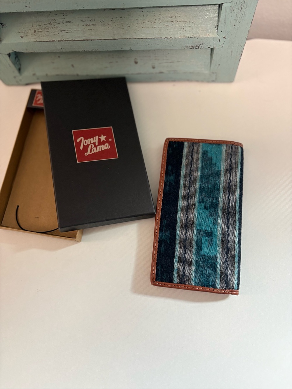 Tony Lama Teal and Brown Striped Leather-Trim Card Holder